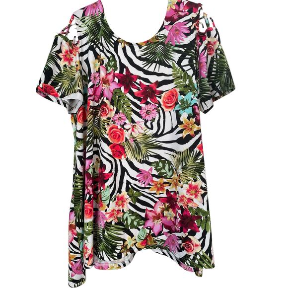 Anthony Richards Women's Plus Size 2 Pink Red Floral Zebra Stripes Pullover Top - Picture 1 of 5